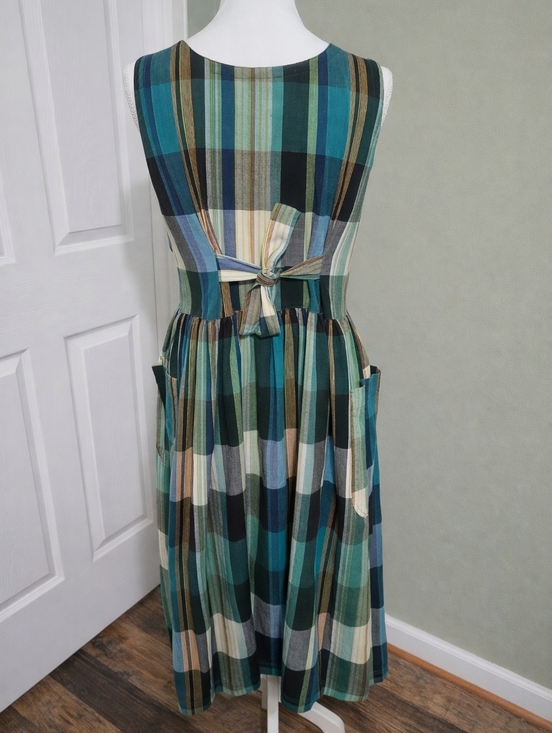 Vintage 90s Erika Plaid Cotton Midi Dress Lagenlook Bubble Hem Pockets Tie Back - Picture 7 of 11